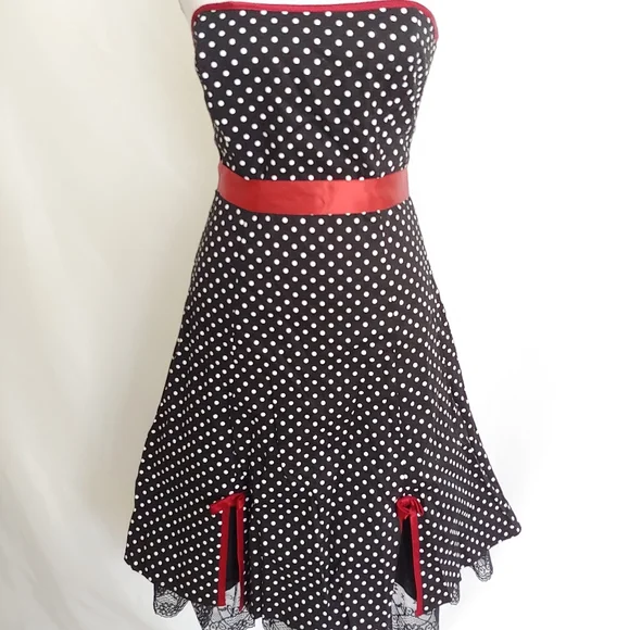 BCX Strapless Black White & Red Polka Dot Dress - Picture 1 of 8